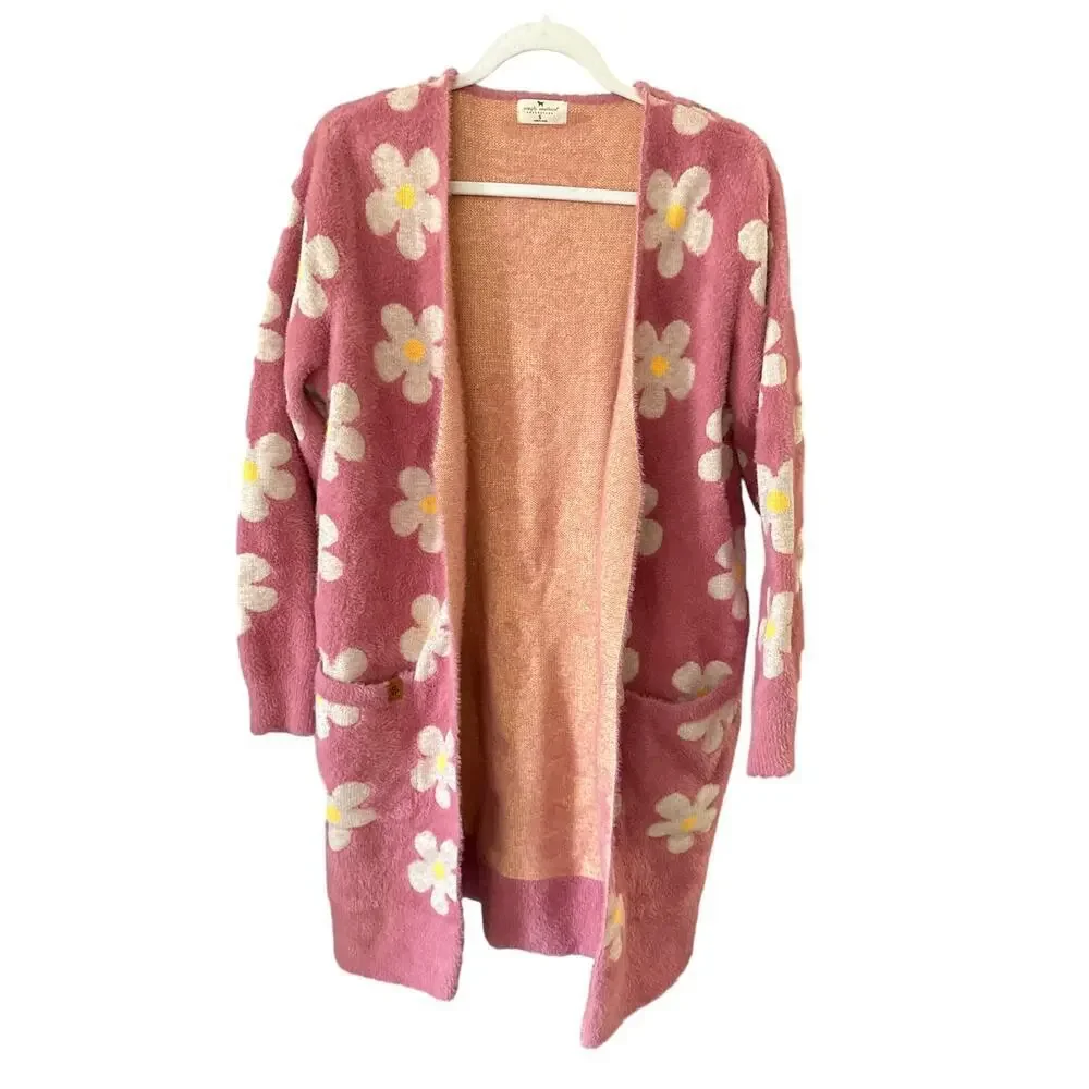 Simply Southern‎ Fuzzy Daisy Pink Long Open Front Duster Cardigan Sweater Small